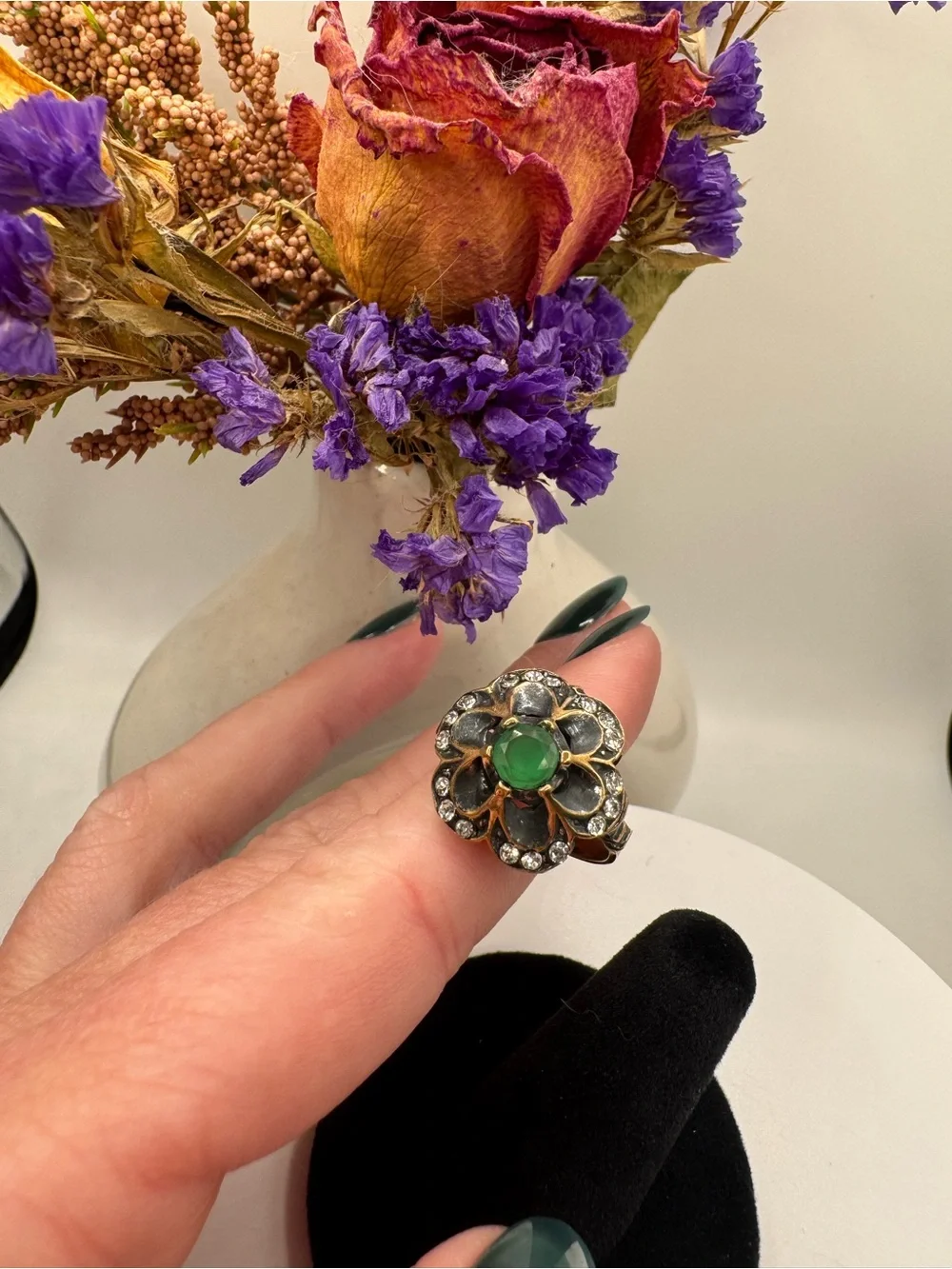 Vintage Floral Cocktail Ring with Green Cabochon & Crystal Accents (Size 8)